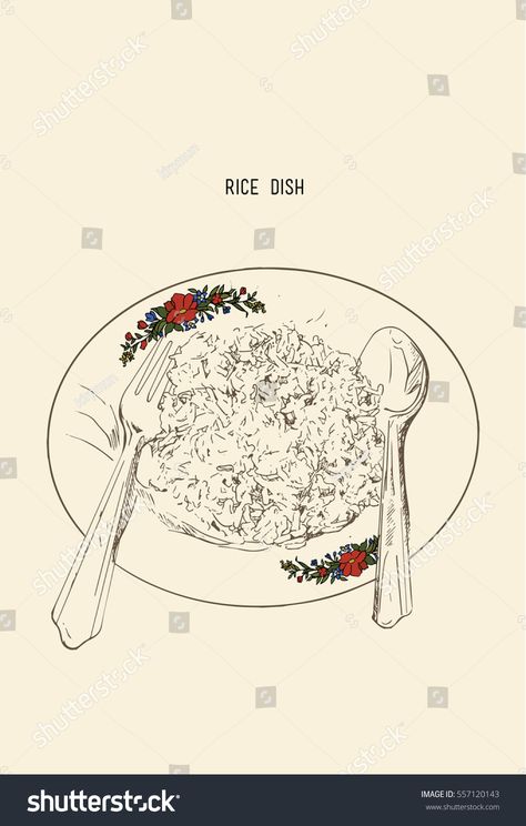 Cooked rice on plate hand drawing Plate Drawing Sketch, Rice Drawing, Nasi Ulam, Typography Book Layout, Meat Drawing, Photos Of Ganesha, Plate Drawing, Typography Book, Food Drawings