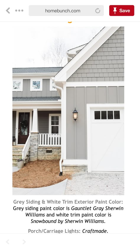 Gray And White Farmhouse Exterior, Light Grey House Wood Accents Exterior, Gray Color House Exterior, House Exterior Light Grey, Light Siding Colors For Houses, Dover Gray Exterior, Gray Exterior House Colors Ranch Style, Exterior House Colors Griege, Mindful Grey Exterior House