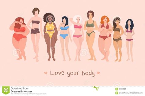 Multiracial Women Of Different Height, Figure Type And Size Dressed In Swimsuits Standing In Row. Female Cartoon Stock Vector - Illustration of cartoon, hairstyle: 99735394 Love Your Body, A Group, The Words, Love Your, Bathing Suits