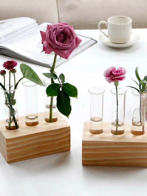 Glass Test Tube Vase With Wooden Base | SHEIN USA Test Tube Crafts, Bistro Decor, Bud Vase Centerpiece, Test Tube Holder, Small Terrarium, Test Tube Vase, Glass Flower Vase, Vase Holder, Handmade Wooden Boxes