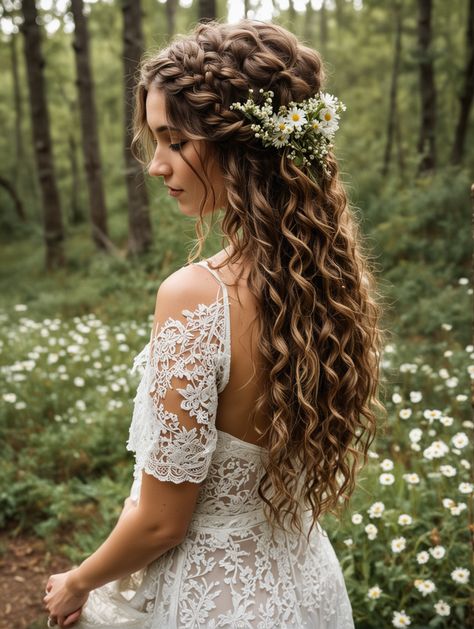 Romantic Curly Hairstyles Wedding, Wedding Hair Ideas For Curly Hair, Curly Natural Wedding Hair, Bride With Naturally Curly Hair, Wedding Hair Up Curly, Curl Wedding Hair Styles, Wedding Hair With A Crown, Curly Wedding Hair With Flowers, Long Natural Curly Hair Wedding Styles