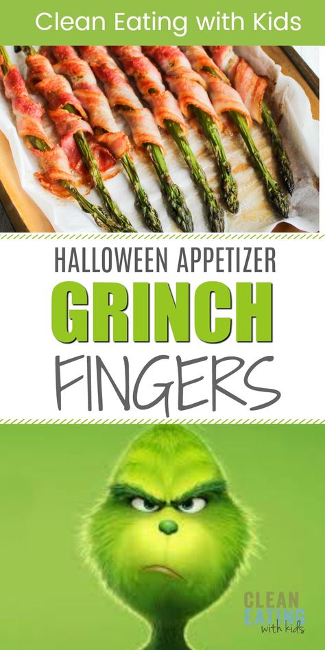 Grinch Appetizers, Grinch Fingers, Italian Christmas Dinner, Clean Eating With Kids, Grinch Punch, Grinch Ideas, Holiday Food Crafts, Wrapped Asparagus, The Grinch Movie