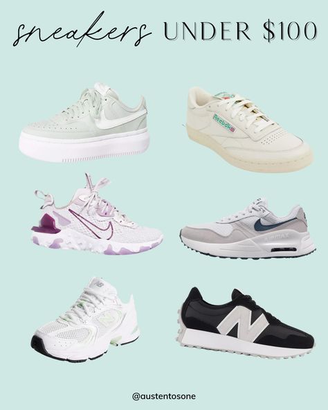 Best sneakers from ASOS under $100 that are comfy and cute from Nike, New Balance and Reebok. Austen Tosone, affiliate links used. Sneakers Under 100, Affordable Sneakers, Nike New Balance, New Balance 327, Outfit Collage, Fashion Collage, Best Sneakers, Affiliate Links, New Balance