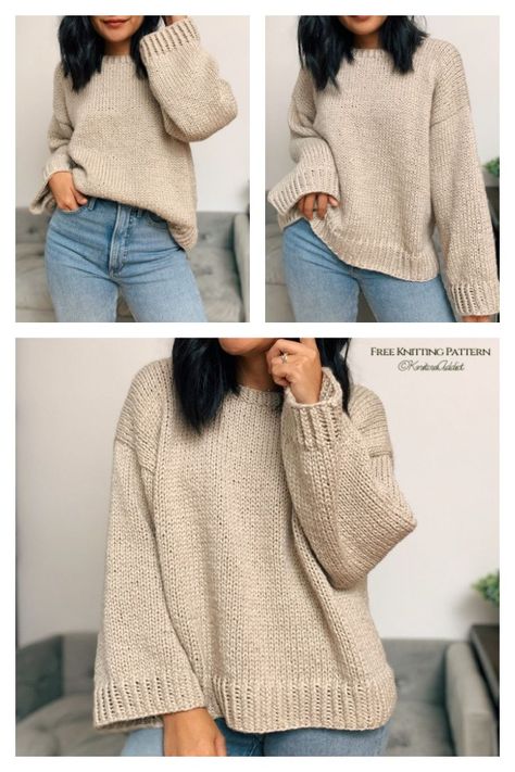 Easy Slouchy Sweater Free Knitting Pattern Easy Knit Sweater Pattern Free, Slouchy Sweater Pattern, Drop Shoulder Sweater Pattern, Free Knit Sweater Patterns, Chunky Knit Sweater Pattern Free, Knit Jumper Pattern, Oversize Sweater Knitting Pattern, Yarn Clothing, Sweater Free Knitting Pattern