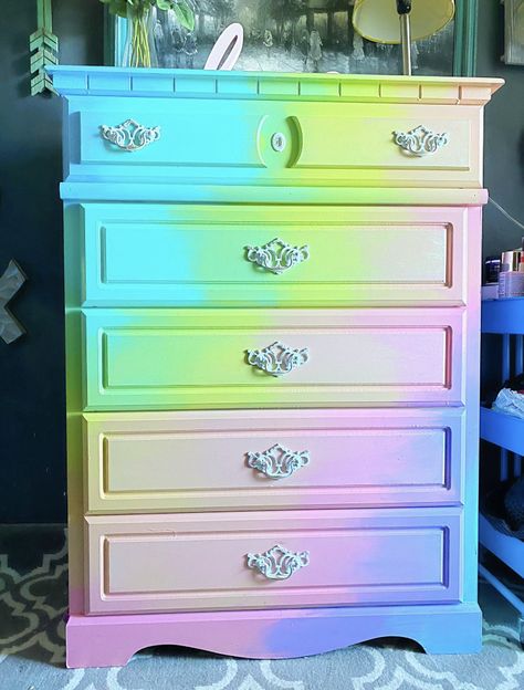 Diy Rainbow Furniture, Neon Painted Furniture, Rainbow Kids Furniture, Pastel Dresser, Pastel Rainbow Furniture, Rainbow Dresser Diy, Neon Dresser, Pastel Rainbow Colored Dresser, Unicorn Dresser