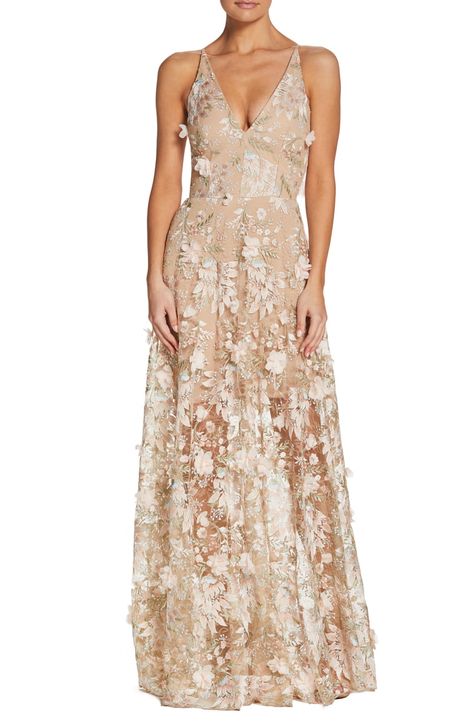 Free shipping and returns on Dress the Population Sidney Deep V-Neck 3D Lace Gown at Nordstrom.com. Fluttery appliqués create a lovely 3D effect on a sleeveless A-line gown featuring a plunging décolleté neckline and a sweeping peekaboo skirt. Mother Of The Bride Dresses Long, Mob Dresses, Floral Dresses Long, Sequin Gown, Plunge Neckline, Dress The Population, Pink Floral Dress, Formal Dresses For Women, A Line Gown