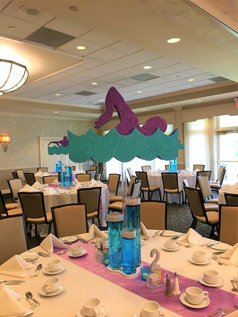 Freestyle! Swim themed party centerpieces! Swim Team Float Ideas, Swim Team Party Centerpieces, Swim And Dive Banquet, Swim Meet Theme Ideas, Swimming Centerpieces, Swim Team Party Ideas, Swim Centerpieces Banquet, Swim Team Parade Float Ideas, Swim Centerpieces