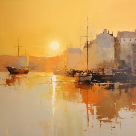 Golden Hour Artwork, Serene Paintings, Warm Painting, Scottish Coast, Golden Landscape, Oil Painting Artwork, Seascapes Art, Golden Art, Abstract Fine Art