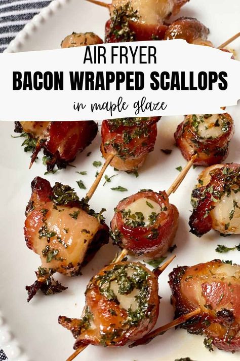 Air Fry Fish Recipe, Baked Ham Glaze, Air Fry Bacon, Bacon Scallops, Maple Syrup Glaze, Air Fryer Fish Recipes, Air Fryer Bacon, Fresh Scallops, Bacon Wrapped Scallops