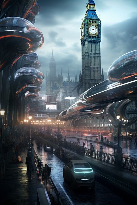 Steampunk Futuristic City, Futuristic World Aesthetic, Futuristic Dark Academia, Futuristic City Dystopia, Cyberpunk London, Futuristic City Aesthetic, Futuristic London, Retro Futuristic City, Sci Fi City Futuristic Architecture