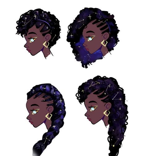 Hairstyles For Sketching, Black Women Hairstyles Drawing Reference, Black Braids Drawing Reference, Hairstyles For Medium Length Hair Drawing, 50s Hair Black Women, Anime Black Hairstyles, Braiding Hair Reference Pose, Black Hairstyles Art Reference, Butterfly Locs Drawing