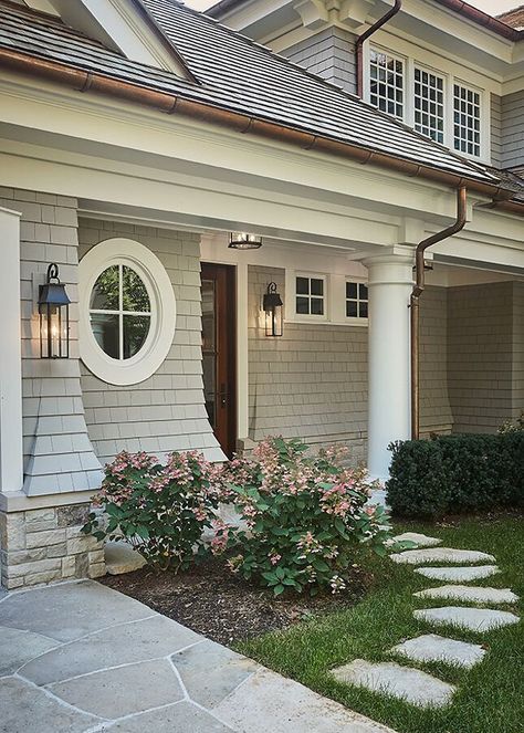 Stone And Shingle House Exterior, Breezeway Entry, Entry Breezeway, White Windows Exterior, Bronze Gutters, Siding Shingles, Step Ideas, Shingle House, Lake Houses Exterior