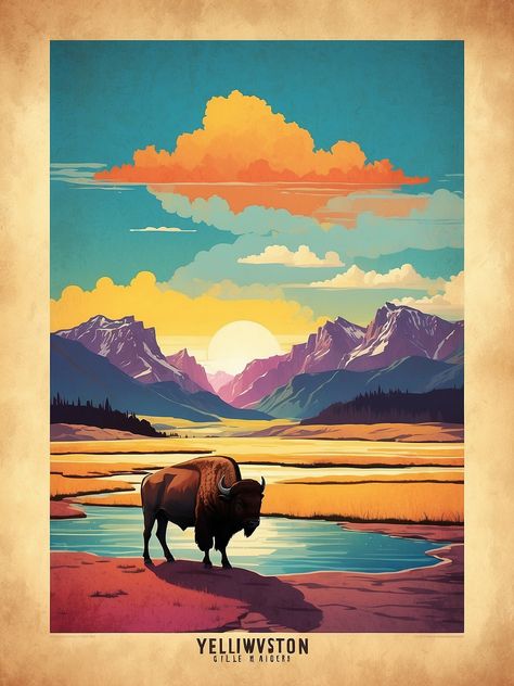 A stunning illustration of a bison in Yellowstone National Park, with vibrant colours and a sun in the background. This pin is perfect for anyone who loves nature, wildlife, and retro art. 🌄🐃 Yellowstone National Park Poster, Yellowstone Illustration, Yellowstone Drawing, Yellowstone Painting, Chalk Inspiration, Old Faithful Yellowstone, Poster Illustration, Vintage Travel Poster, National Park Posters