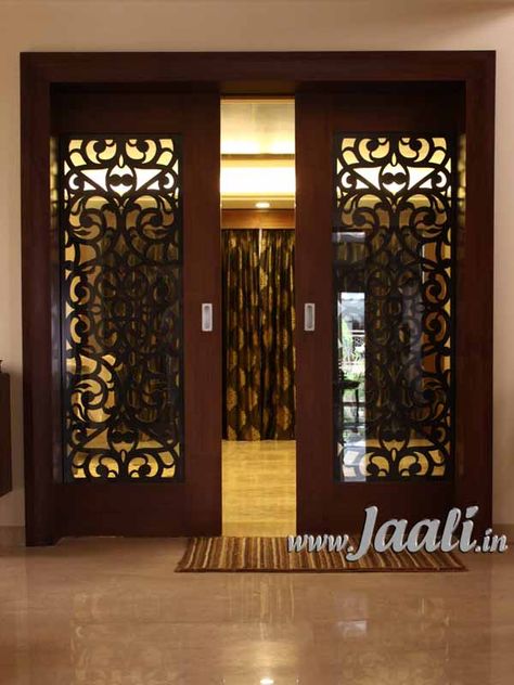 083 Double Veneer Jaali for Sliding Door Sandwiched Between Glass Sliding Door Ideas Interior, Wooden Sliding Door Design, Sliding Door For Living Room, Slider Door Curtains, Glass Sliding Door Design, Fall Front Door Decor Entrance, Modern Sliding Doors Interior, Sliding Door Partition, Sliding Door Exterior