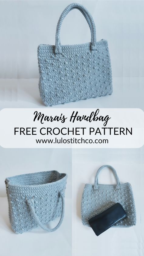 With its subtle texture and clean lines, the Marais Handbag is a must-have addition to your spring and summer wardrobes. It's an easy project that can be done in a day. Find this free pattern and more at www.lulostitchco.com Crochet Over Shoulder Bag Free Pattern, Crochet Handbags Free Pattern, Diy Crochet Handbags, Free Macrame Purse Patterns, Crocheted Handbags Patterns Free, Free Crochet Handbags Patterns, Crochet Handbags Patterns Free Projects, Easy Crochet Handbags Free Pattern, Crochet Bag Projects