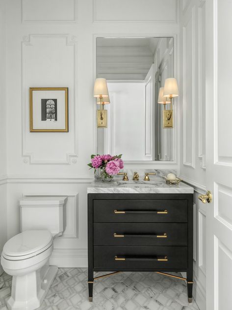 Powder Room (Laurie LeBoeuf) – Scaled Powder Bath Paneling, Panelled Powder Room, Office Powder Room Ideas, Chinoiserie Powder Room Ideas, Upscale Powder Room, Custom Powder Room Vanity, Statement Powder Room Luxe, Feminine Powder Room Ideas, Powder Room With Molding