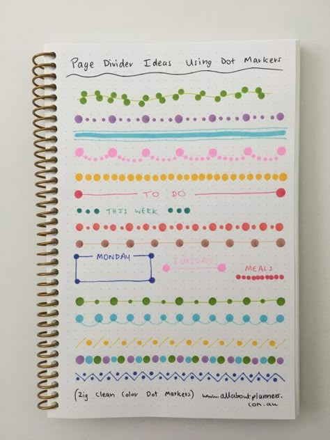 7 Ways to use dot markers in your planner or bullet journal - All About Planners Planner Border Ideas, Marker Border Designs, Dot Grid Notebook Ideas, Marker Design Ideas, Dot Markers Art, Divider Ideas, Index Design, Colorful Borders Design, Bond Paper Design