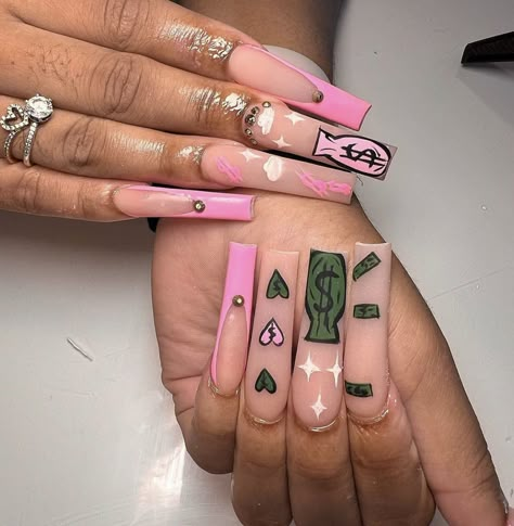 Nails With Money Signs, Nails With Money Design, Money Acrylic Nail Design, Money Sign Nails, Money Bag Nails, Money Nails Acrylic, Money Nail Art, Nails Money, Money Nails Designs