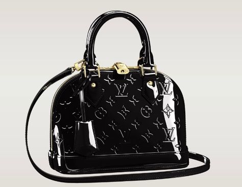 Louis Vuitton Alma BB Monogram Vernis New Color - Noir Magnetique 1710 Black Alma Louis Vuitton, Alma Bb Monogram, Dream Handbags, Lv Alma, Bb Monogram, Fancy Purses, Dream Items, Sac Louis Vuitton, Louis Vuitton Official Website