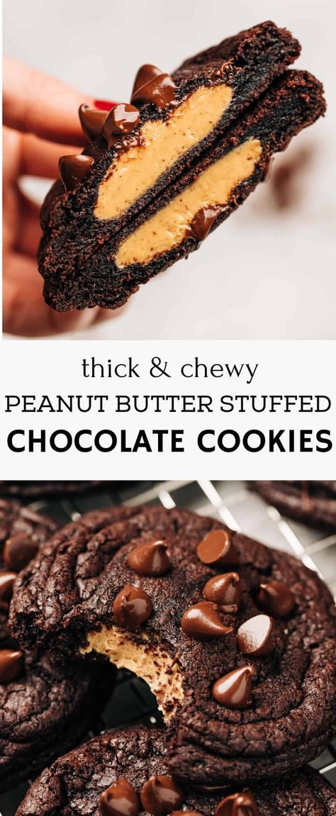 Stuffed Chocolate Cookies, Factor Recipes, Cookies Recipe Video, Brownie Vegan, Chewy Chocolate Cookies, Stuffed Cookies, Fav Food, Filled Cookies, Peanut Butter Filling