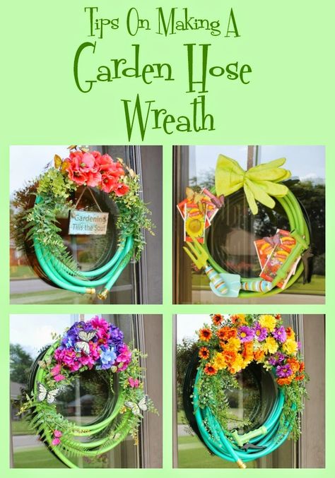 Hose Wreaths, Hose Wreath, Making A Garden, Garden Hose Wreath, Fun Wreath, Meteor Garden 2018, Garden Crafts Diy, Wreath Hanger, Summer Wreaths