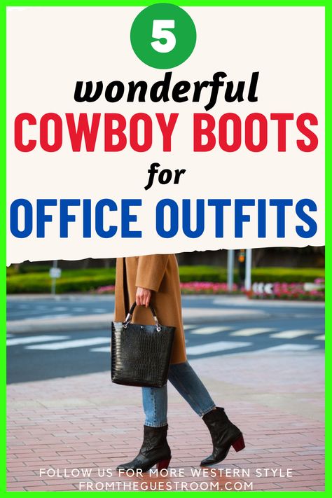 a woman wears cowboy boots for office How To Wear Cowboy Boots To Work, Business Casual Cowboy Boots Women, Cowboy Boots Outfit Office, Cowboy Boots Work Outfit Women, Cowboy Boots Office Outfit, Cowboy Boots Work Outfit, Outfits With Cowboy Boots For Women, How To Wear Cowboy Boots, Short Cowboy Boots Outfit