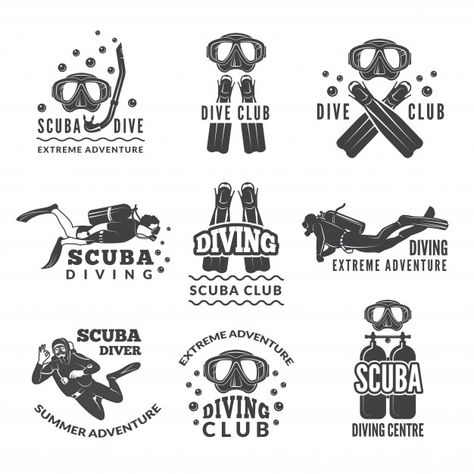 Labels or logos for diving club. Premium... | Premium Vector #Freepik #vector #logo Scuba Tattoo, Diving Logo, Lifeguard Shirt, Scuba Diving Tattoo, Logo Club, Underwater Background, Dove Tattoo, Fauna Marina, Scuba Diving Equipment