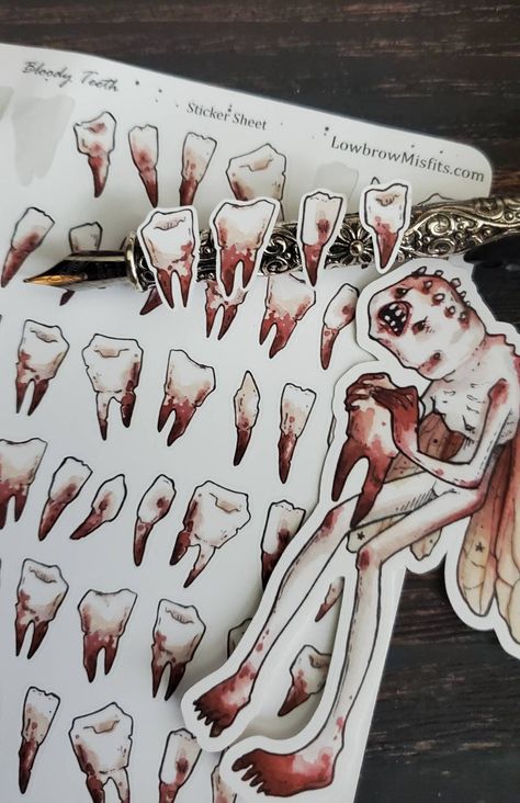 "This set of creepy cute horror tooth fairy and bloody teeth planner stickers feature the art of White Stag. Adorable adornments to haunt your journal sketchbook or planner. This set of stickers includes one large tooth fairy sticker and bloody teeth sticker sheet. Perfect for journaling. These handcrafted stickers have a smooth matte buttery finish.  Sticker sheet dimensions are approximately 3.5\" x 4.5\" with 53 bloody teeth a perfect small size for storing in planner and journal books for us Creepy Tooth Fairy, Goblincore Art, Teeth Sticker, Teeth Drawing, Tooth Tattoo, Cute Horror, Teeth Art, Planner And Journal, Small Tats