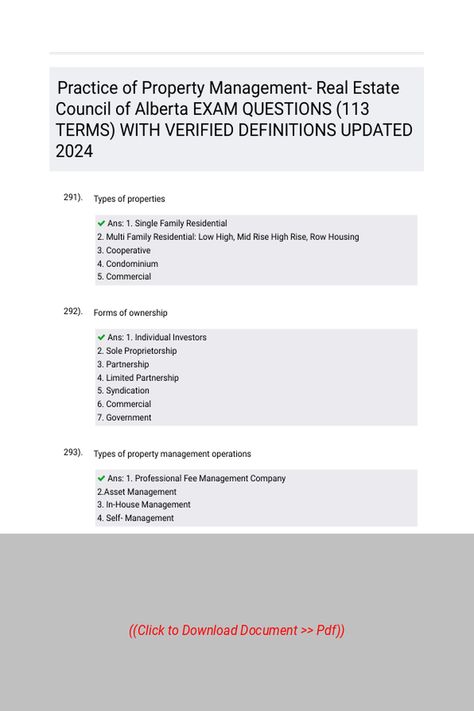 Practice of Property Management Real Estate Council of Alberta EXAM QUESTIONS 113 TERMS WITH VERIFIED DEFINITIONS UPDATED 2024 
 Follow Link above to Download the document (pdf) Real Estate Math Formulas, Real Estate Exam Prep, Real Estate Exam, Real Estate Education, Sole Proprietorship, Math Formulas, Exam Prep, Essay Writing Tips, Home Management