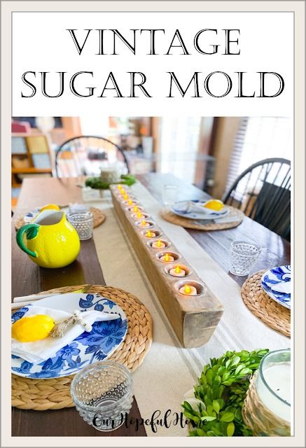 You can find vintage sugar molds at flea markets and vintage fairs. Sugar Mold Christmas Decor, Wooden Sugar Molds, Glass Tealight Candle Holders, Sugar Mold, Blue Dinner Plates, Diy Rustic Decor, Glass Votive Candle Holders, Glass Tea Light Holders, Led Tea Lights