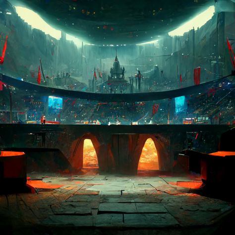 Futuristic Battle Arena, Sci Fi Arena Concept Art, Cyberpunk Arena, Novel Inspiration, Battle Arena, Dnd Campaign, Sci Fi Novels, See No Evil, Building Art