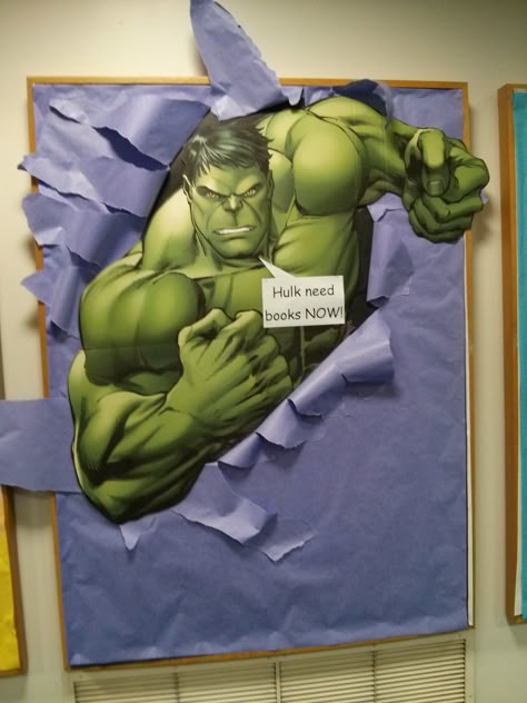 SRC 2015 Library Displays for Superheroes --Hulk need books now! Hulk Door Decoration, Superhero Display, Marvel Theme Bulletin Board, Hero Bulletin Board Ideas, Superhero Hallway Decorations, Superhero Library Theme, Reading Display, Superhero Classroom Theme, School Library Displays