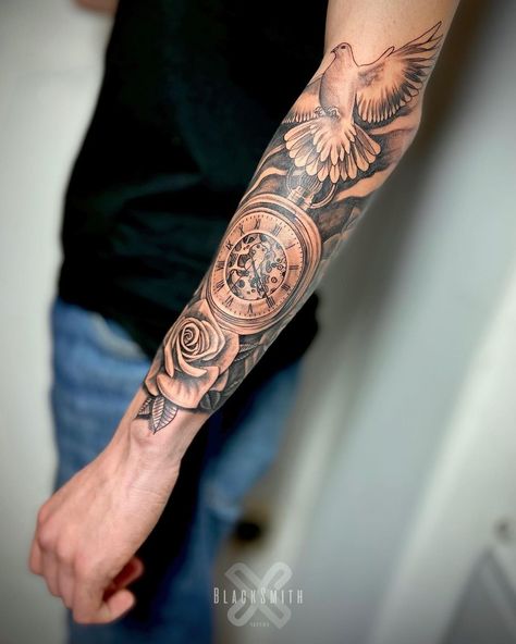 TATTOO ARTIST в Instagram: «Classic) #chicanotattoo #tattooedman #tattooideas #tattooed #tatt #tattoos #tattooartist #tattoolife #tattoodesign #tattooclock #tattoorose…» Rose And Watch Tattoo, Forearm Tattoo Men Sleeve Clouds, Dove And Rose Tattoo, Dove Tattoo Meaning, Forearm Tattoo Men Sleeve, Tattoo Men Sleeve, Tattoos On Arm, Outer Forearm Tattoo, Dove Tattoos