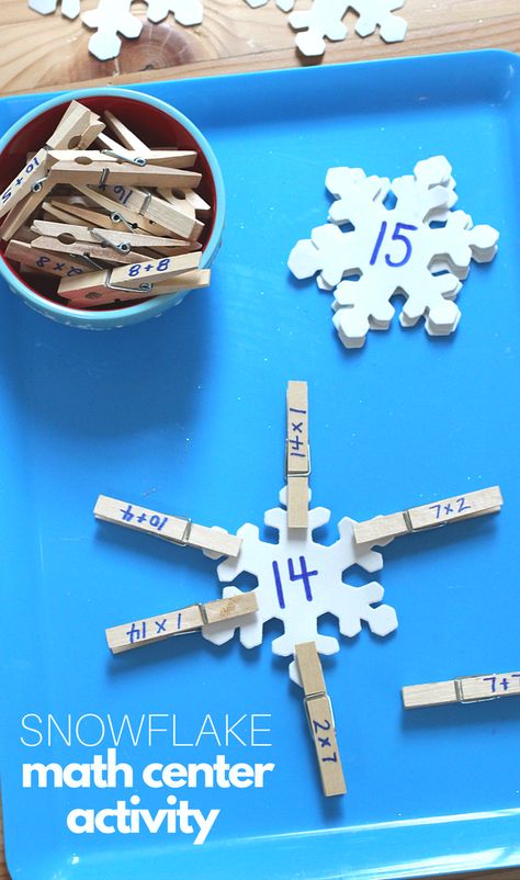 This great homeschool or math center activity is perfect for winter. Practice math facts with a little novelty and winter theme. Homeschool January Activities, Snowflake Math Activities, Winter Math Craft, Winter Projects For Preschoolers, January Math Activities, Snow Math, Winter School Activities, Holiday Math Activities, Winter Stem Activities