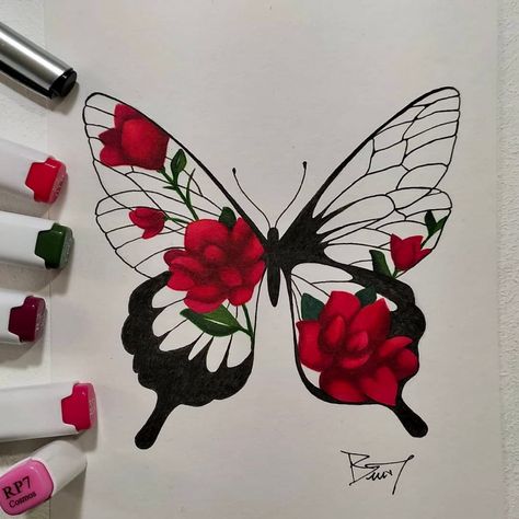 Alcohol Marker Butterfly, Art With Markers Drawing, Marker Butterfly Drawing, Drawing Inspo Butterfly, Christmas Butterfly Drawing, Butterfly Drawing With Markers, Flowers With Butterfly Drawing, Different Butterfly Drawing, Flowers Marker Art