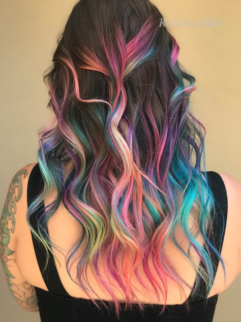 Rainbow Melt Hair, Colorful Hair For Brunettes, Brown Hair With Rainbow Underneath, Creative Hair Color Brunettes, Colorful Hair Dye Ideas For Brunettes, Ombre Fashion Color Hair, Vivid Color Balayage, Vivid Underneath Hair, Colorful Lowlights