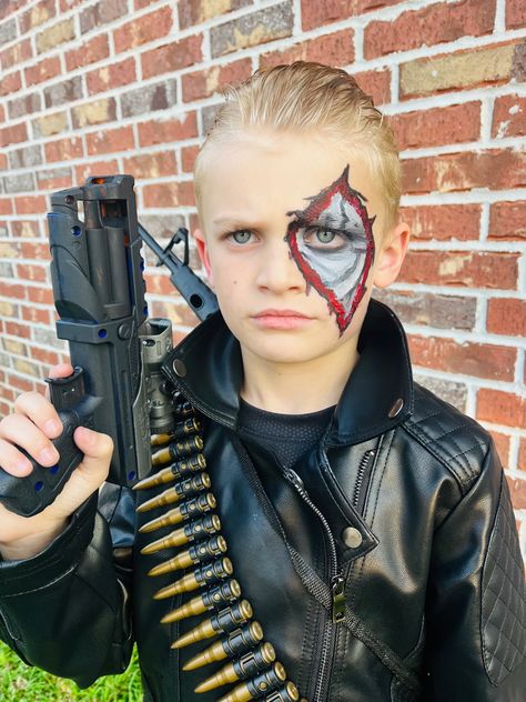 Face Paint, Terminator Costume Terminator Halloween Costume, Terminator Couples Costume, Terminator Cosplay, Terminator Makeup, Terminator Costume, Terminator Face Paint, Terminator T-3000, Boy Halloween Costumes, Halloween Boys