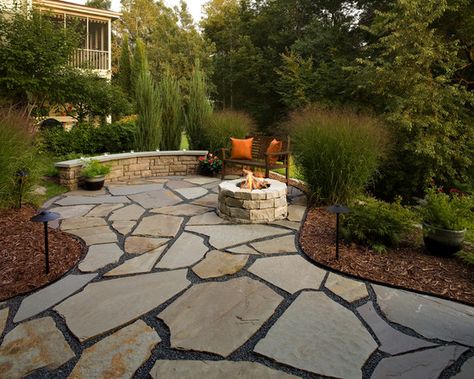 Flagstone Patio Design, Pictures, Remodel, Decor and Ideas - page 14 Stone Patio With Fire Pit, Flagstone Patio Design, Patio With Fire Pit, Stone Patio Designs, Flagstone Walkway, Large Backyard Landscaping, Concrete Patios, Fire Pit Landscaping, Stone Patio