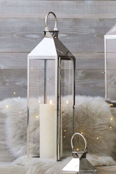 Next XL Chrome Lantern - Silver Wedding Aisle Candles, Lantern Decor Living, Solid Pine Furniture, Pillar Candles Wedding, Garden Decking, Silver Lanterns, Large Lantern, Silver Bedroom, Mill House