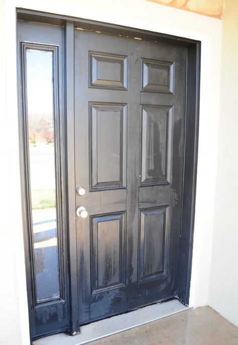 How to paint your front door in a SNAP! | All Things Thrifty How To Paint Front Door With Sidelights, Dark Charcoal Front Door, Black Paint For Front Door, Painting Front Door Black, Painting Inside Of Front Door, Front Entry Dining Room, Painting Front Door Diy, Black Doors Exterior Front Entry, Tricorn Black Front Door