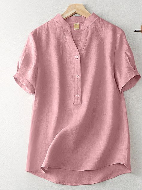 Fashionable ZANZEA Solid Button Short Sleeve Casual T-shirt Online - NewChic Short Top Designs, Cotton Short Tops, Linen Style Fashion, Cotton Tops Designs, Tutorial Hijab Pashmina, Design Kurta, Latest Dress Design, Trendy Shirt Designs, Blouse Material