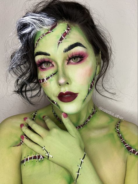 A girl painted in green with stitching to look like bride of Frankenstein Frankenstein Woman Costume, Women Frankenstein Makeup, Female Frankenstein Makeup, Frankenstein Bride Makeup, Female Frankenstein Costume, Frankenstein Costume For Women, Halloween Makeup Frankenstein, Frankenstein Makeup Female, Halloween Character Makeup