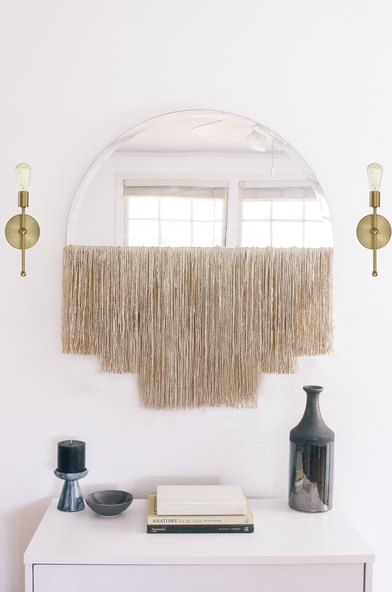 Add Boho Sparkle to Your Space with a DIY Fringed Mirror | Hunker Diy Mirror Design, Half Moon Mirror, Raffia Mirror, Mirror Decor Ideas, Diy Wood Wall, Moon Mirror, Macrame Mirror, Decor Ikea, Wall Hanging Diy