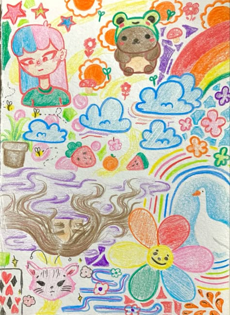 Colored Pencils Illustration, Crayon Doodles Drawings, Cute Crayon Doodles, Sketchbook Art Journal Pencil, Crayon Drawing Aesthetic, Crayola Drawing, Crayon Doodles, Colorful Doodles, Crayon Drawings