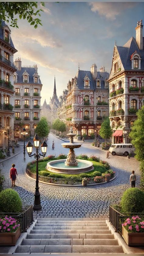 Here we have a depiction of a beautiful European center of town! With big walkable cobblestone streets, a wonderful fountain and green centerpiece, with the streets lines with other green trees and beautiful lanterns. The buildings are wonderful five story, European style apartments and shops, all with large windows and balconies, showing off the beautiful architecture and attention to detail! Please enjoy this wonderful depiction of a realistic, European town, with large cobblestone walkways, a fountain, centerpiece, and detailed beige European architecture! Fountain Centerpiece, Cobblestone Walkway, European Town, Green Centerpieces, European Architecture, Town Center, Green Trees, Beautiful Architecture, Large Windows