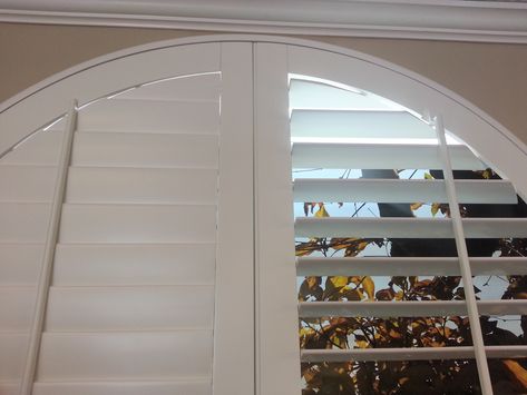 Half Moon Window Covering Ideas, Arched Shutters, Half Moon Window, 3 Blind Mice, Bay Window Shutters, Window Bay, Moon Window, Expensive Decor, Custom Shutters