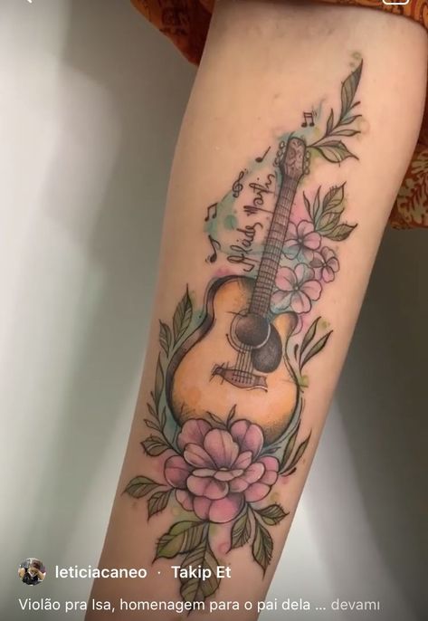 Pretty Guitar Tattoo, Guitar Remembrance Tattoo, Acoustic Guitar With Flowers Tattoo, Memorial Guitar Tattoo, Floral Guitar Tattoo, Guitar Tattoo With Flowers, Guitar And Flowers Tattoo, Guitar Tattoo Women, Guitar With Flowers Tattoo