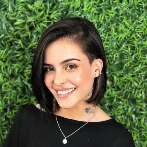 A-Line Bob with Side Undercut Bob With Shaved Side, Short Bob With Undercut, Undercut Bob Haircut, Shaved Bob, A Line Haircut, Bob Ideas, Undercut Bob, Medium Length Bobs, Shaved Side Hairstyles