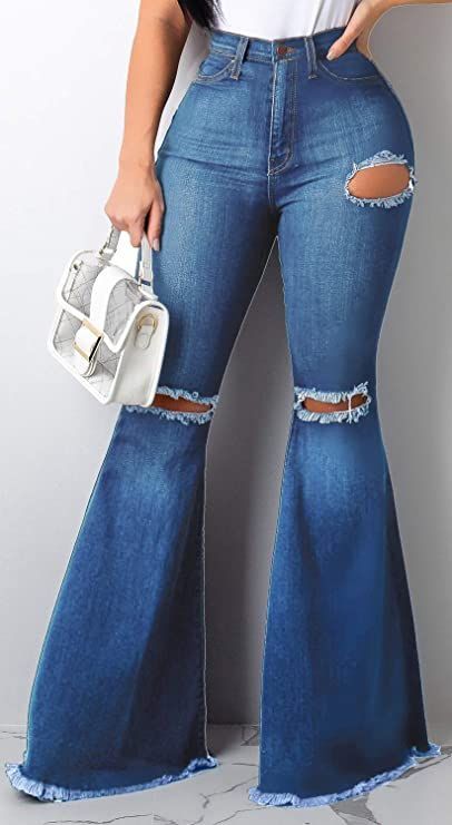 Women's Elastic Ripped Hole Classic Denim Bell Bottom Jeans Ripped Denim Pants, High Waisted Flare Jeans, Flare Denim Jeans, Bottom Jeans, Outfit Jeans, High Waisted Flares, Bell Bottom Pants, Jeans For Women, Ripped Denim