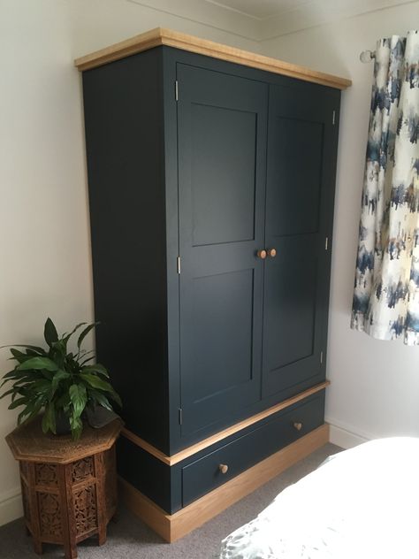 This lovely bespoke painted wardrobe is painted in Farrow and Ball's Hague Blue and features an oak plinth and top. CAN BE MADE ANY SIZE OR COLOUR! Storage Top Of Wardrobe, Rustic Pine Armoire Makeover, Diy Painted Wardrobe, Wardrobe Refurbish Ideas, Amoire Paint Ideas, Painted Wardrobes Ideas, Painted Bedroom Wardrobes, Chalk Paint Wardrobe Ideas, Pine Wardrobe Bedroom